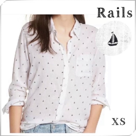 RAILS Charli Mini Sailboat Nautical Linen Blend Button Down Shirt White Size XS - Picture 1 of 8